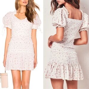 Love Shack Fancy Tina Puff Sleeve Mini Dress Whisper Floral Print Pink / White